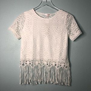 🌸Boutique |white lace crop top with fringe bottom